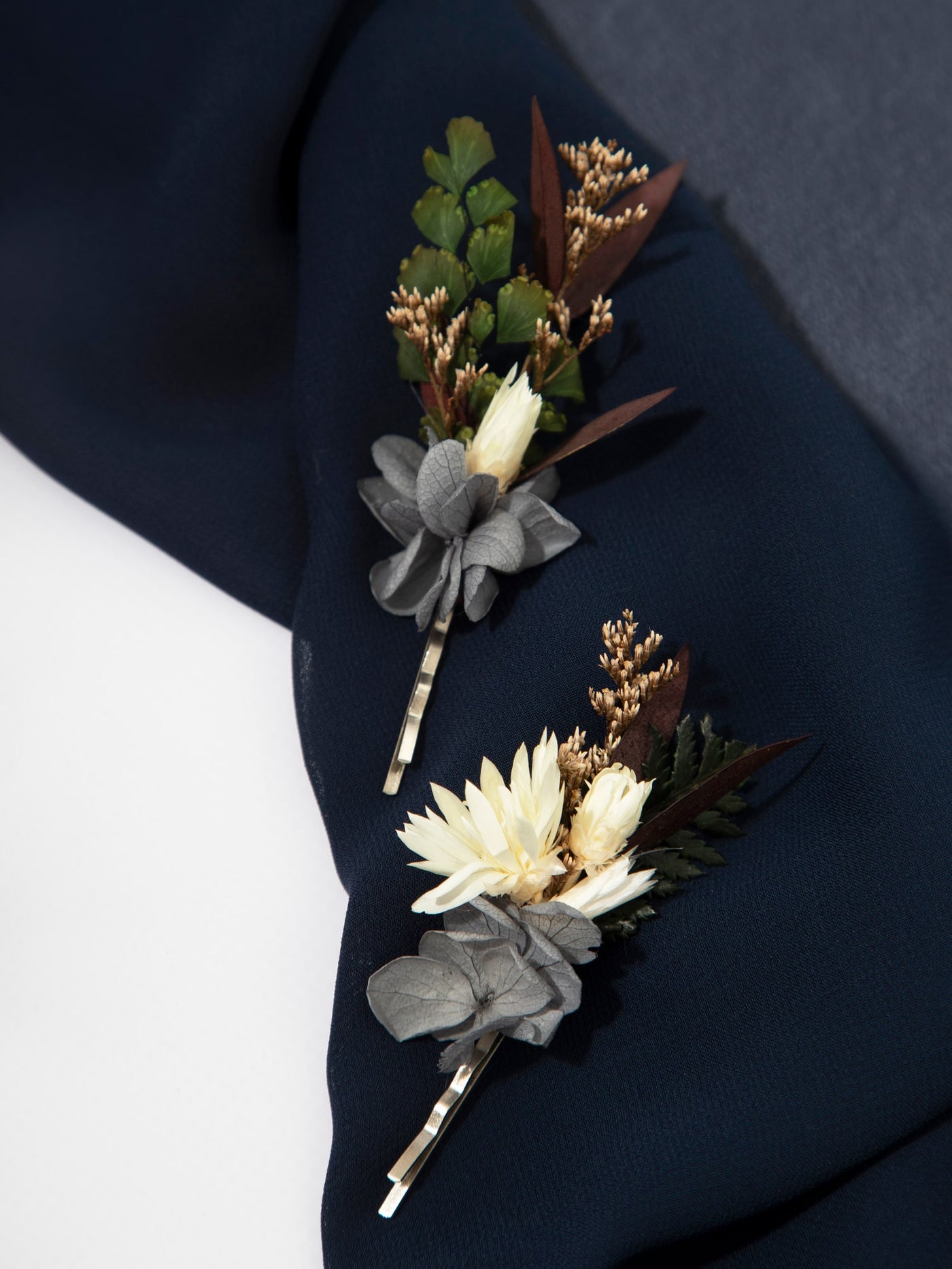 Bobby Pin For Wood Bridal Bouquet With Navy Flowers