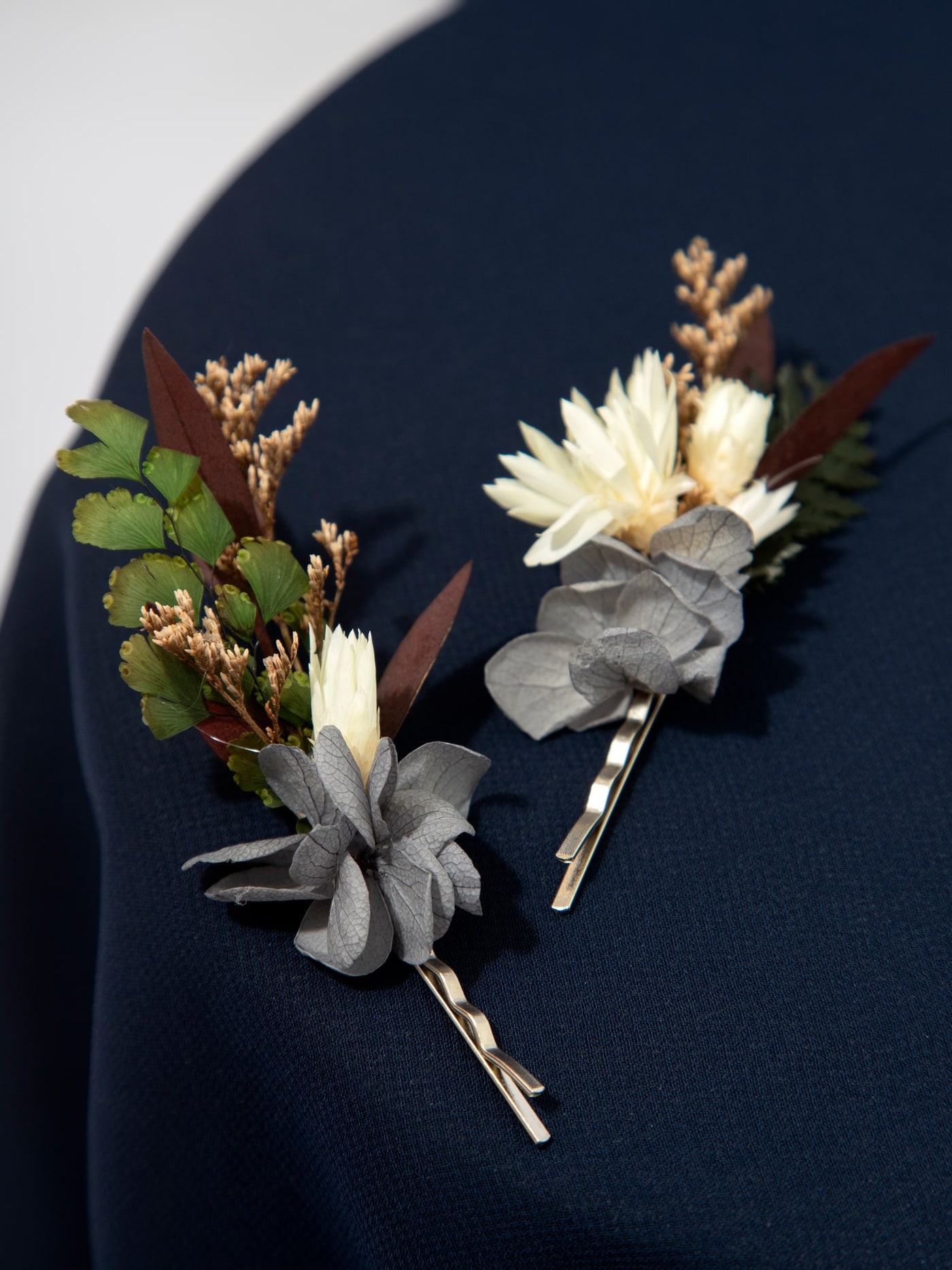 Bobby Pin For Wood Bridal Bouquet With Navy Flowers