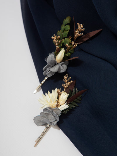 Bobby Pin For Wood Bridal Bouquet With Navy Flowers