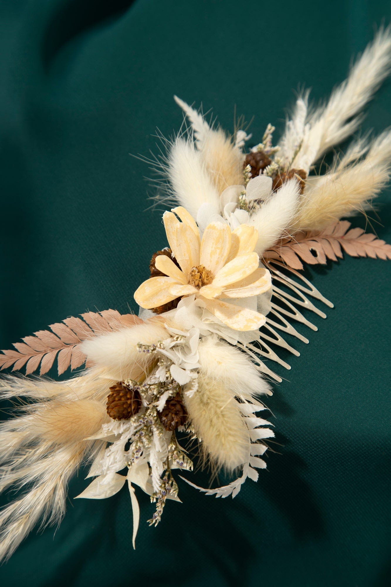 Hair Comb With Cream Rustic Flower Of Dried Wildflowers