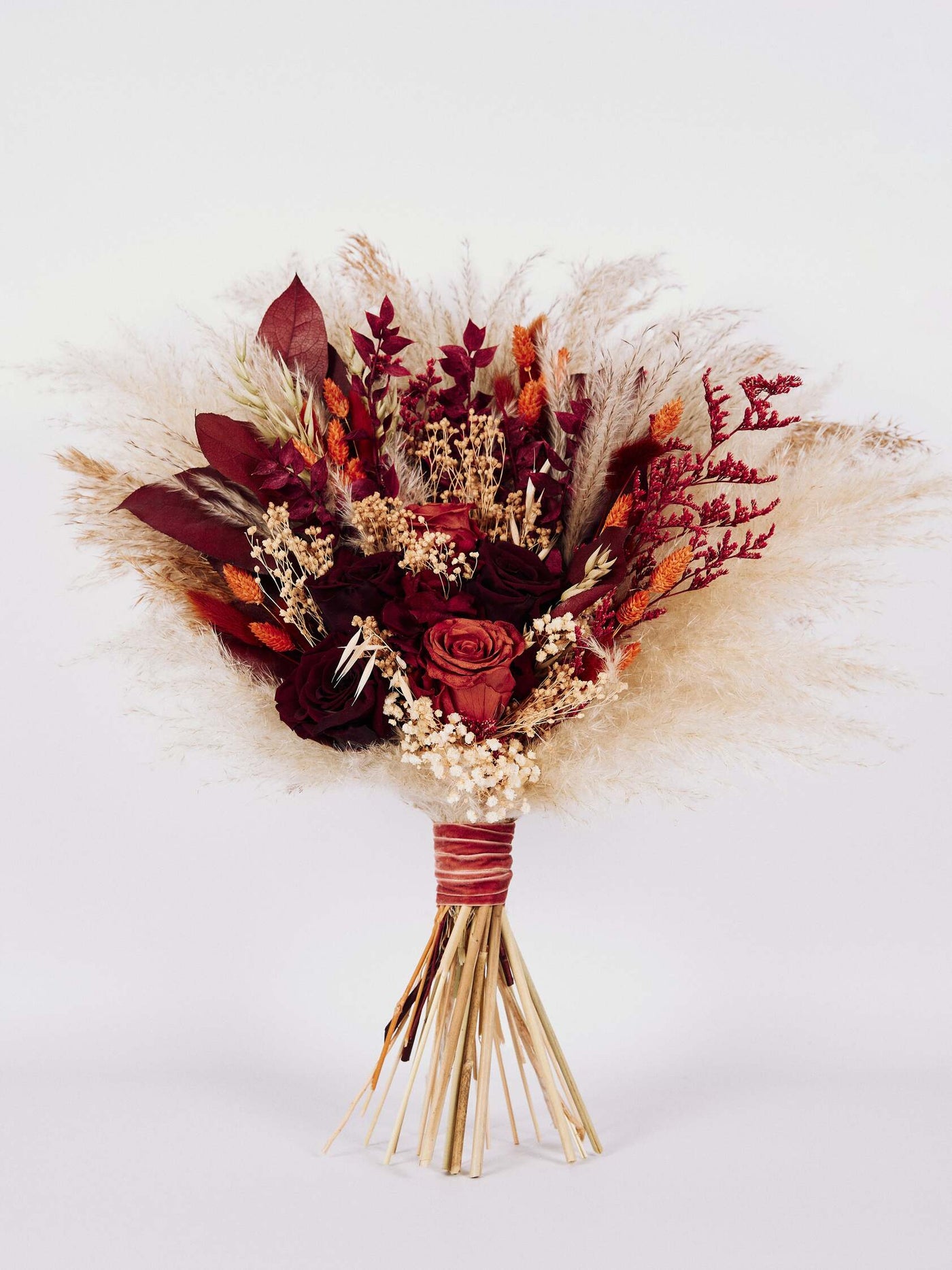 Bridal burgundy bouquet with terracotta flowers