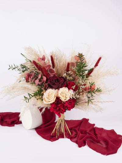 wedding bouquet on marsala fabric