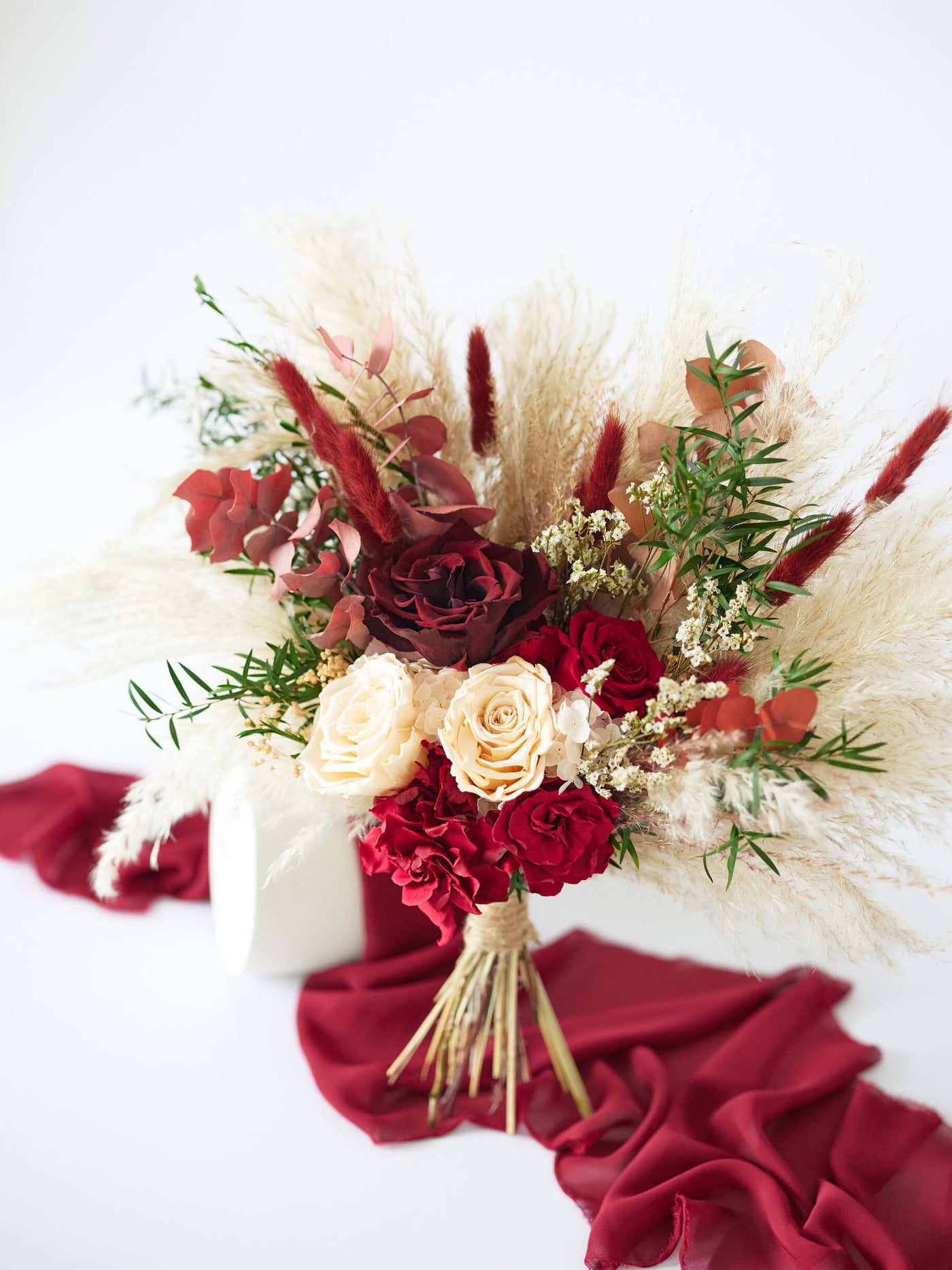 wedding bouquet on marsala fabric 3