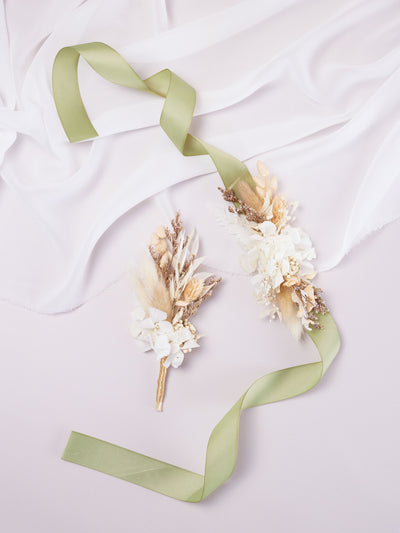 corsage on white organza near boutonniere 2