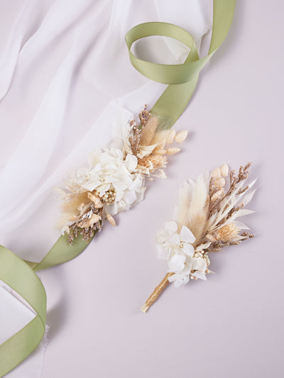 corsage on white organza near boutonniere 3